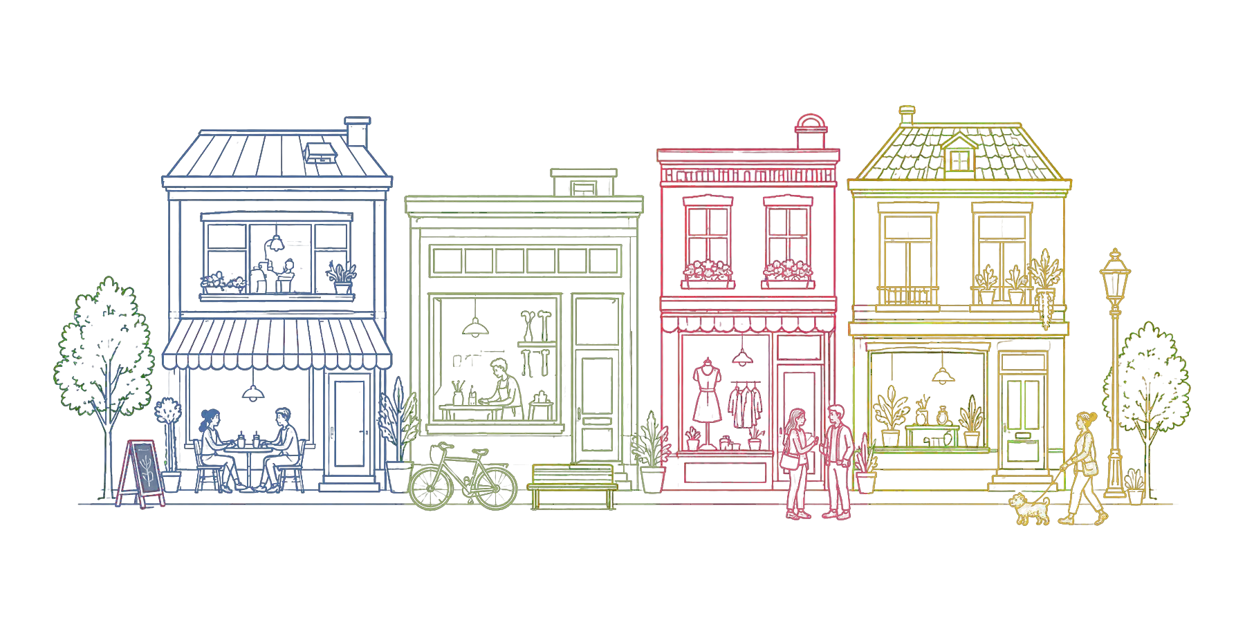 A line of miniature shops and trees